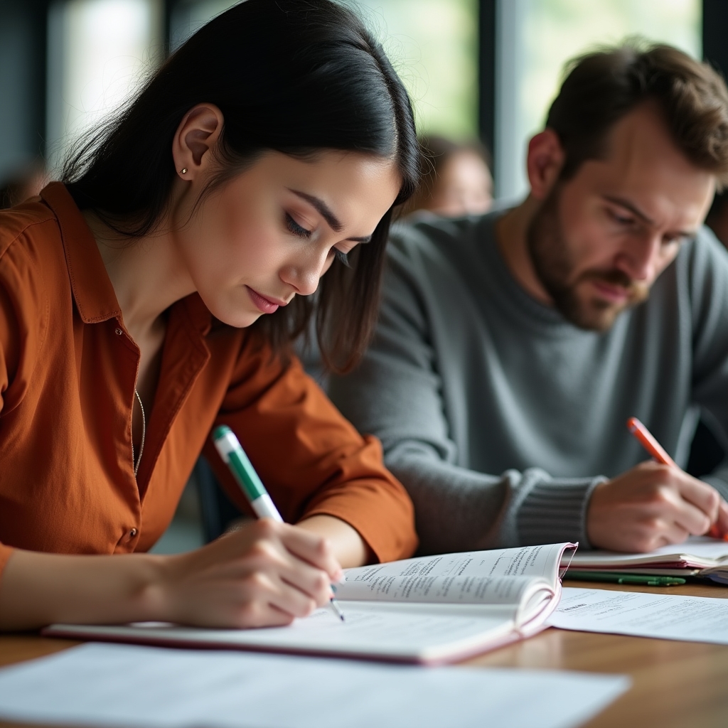 Participanți exersând scrierea la un curs